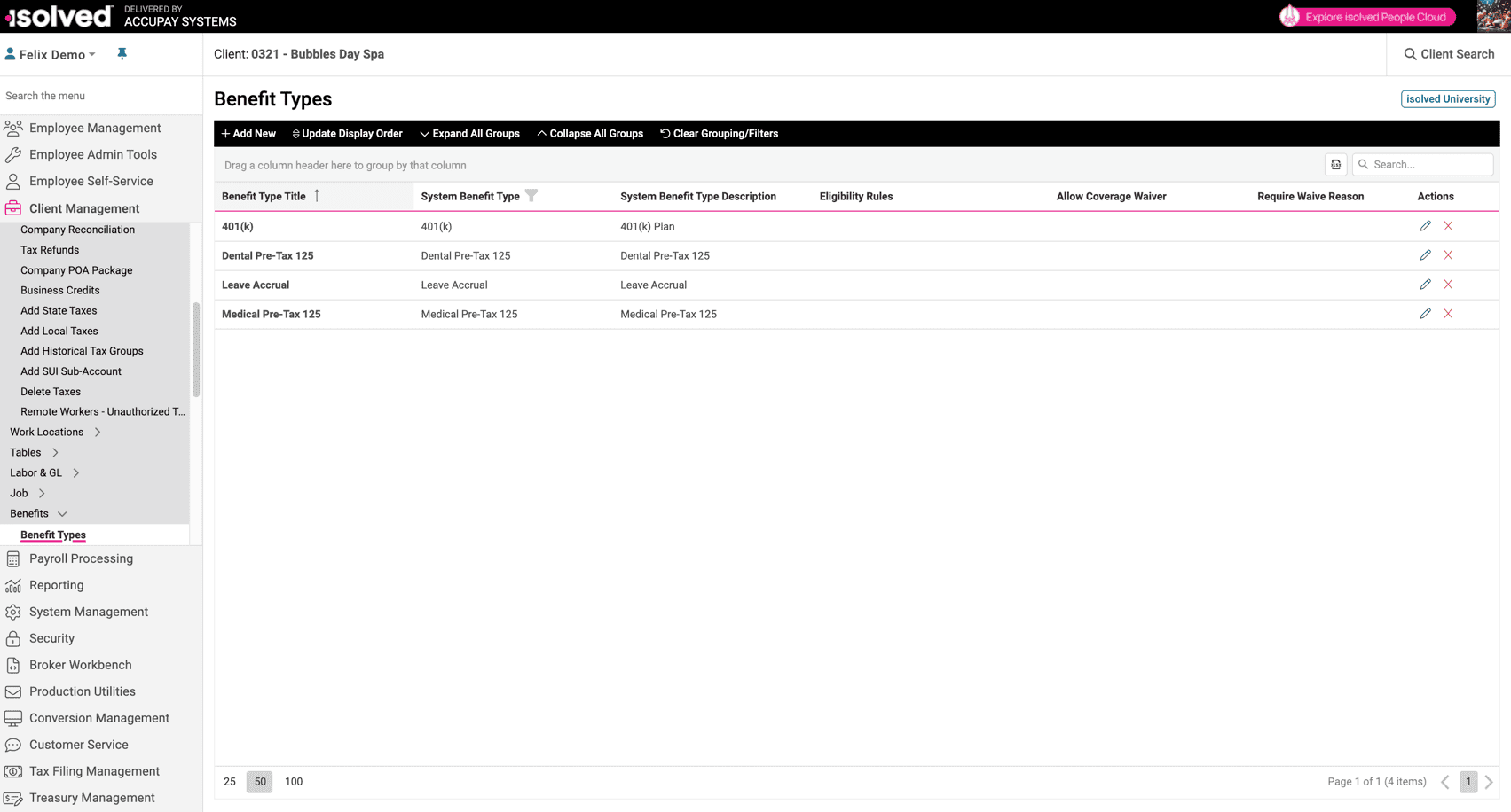 Screenshot of iSolved HR software showing Benefit Types dashboard with 401k, Dental, Leave, and Medical Pre-Tax plans listed