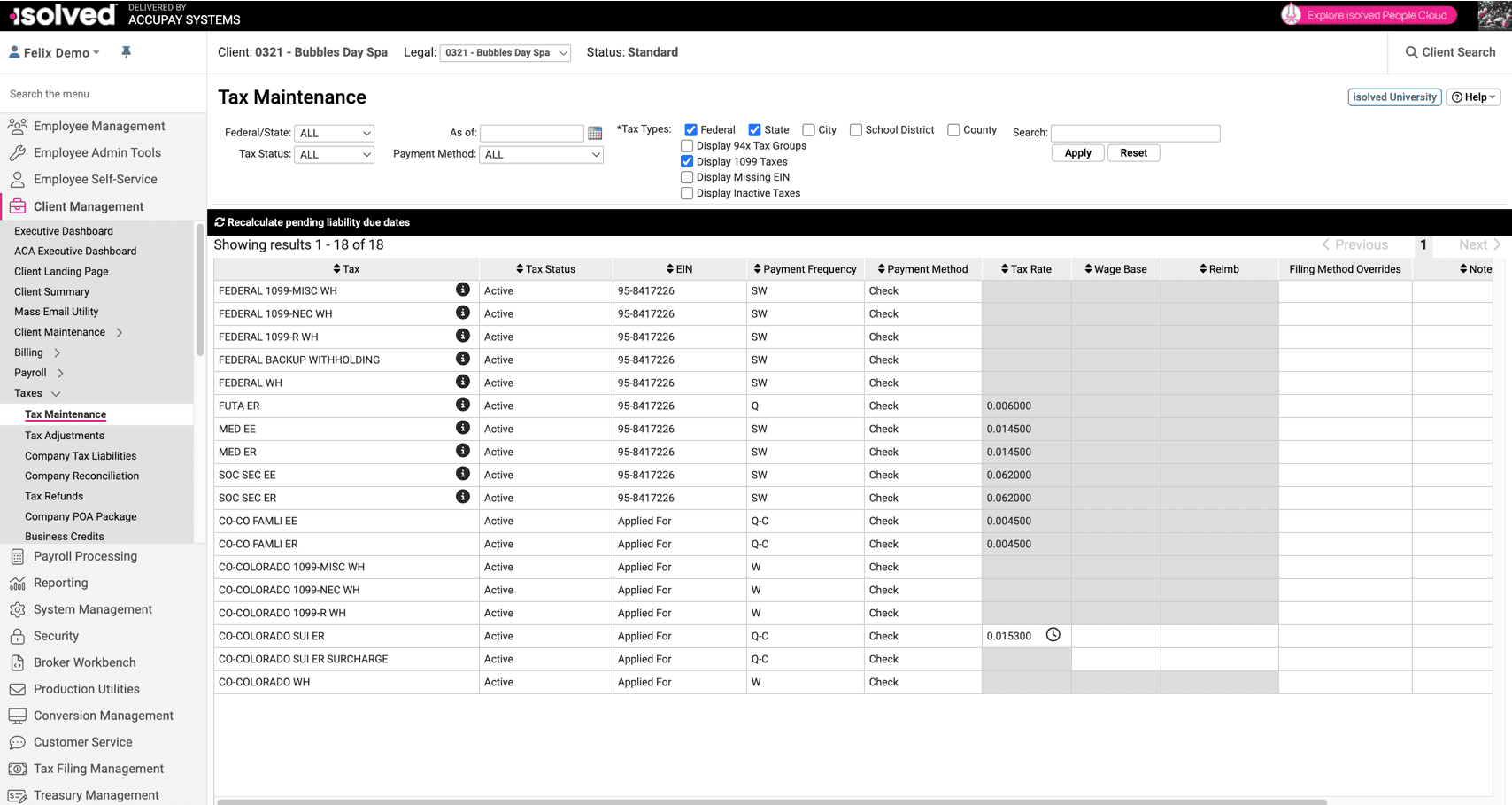 Screenshot of iSolved Tax Maintenance page showing federal and state tax records, payment methods, EINs, and tax rates for payroll management`
