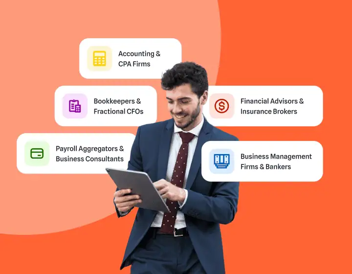 Smiling businessman using a tablet with icons representing accounting firms, bookkeepers, financial advisors, payroll consultants, and business management firms