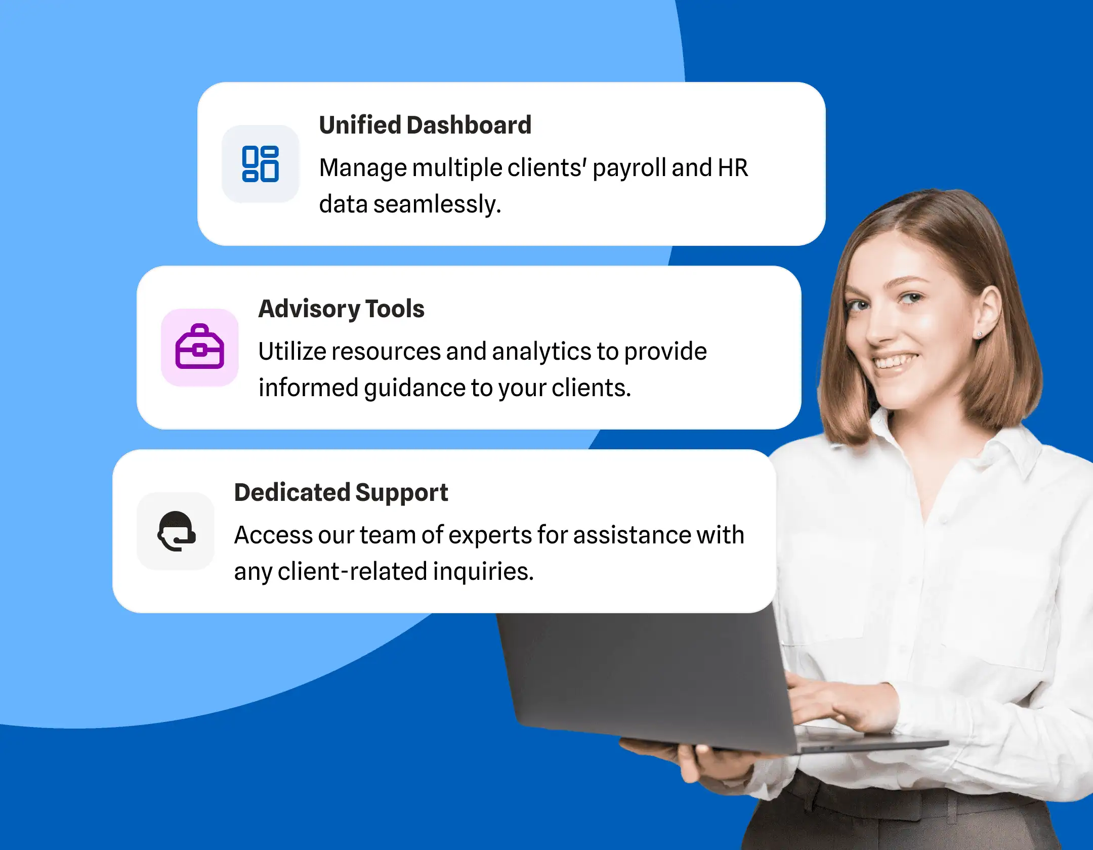 Smiling businesswoman holding a laptop beside a graphic showing HR features including unified dashboard, advisory tools, and dedicated support