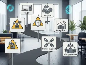 Frustrated HR team reviewing outdated HCM software dashboard