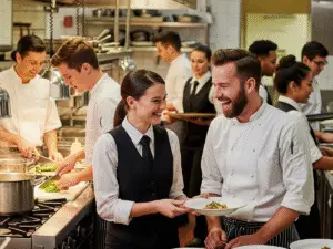 Diverse team of restaurant staff working together in modern kitchen, showing successful hiring and team collaboration in competitive labor market