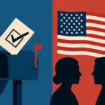 U.S. mail-in voting debate illustration with ballot, mailbox, American flag, and political division.