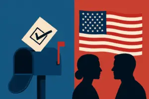 U.S. mail-in voting debate illustration with ballot, mailbox, American flag, and political division.