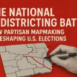 Digital news-style graphic with the title “The National Redistricting Battle: How Partisan Mapmaking Is Reshaping U.S. Elections,” featuring a divided U.S. map in red and blue tones, symbolizing political polarization and gerrymandering.