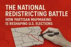 Digital news-style graphic with the title “The National Redistricting Battle: How Partisan Mapmaking Is Reshaping U.S. Elections,” featuring a divided U.S. map in red and blue tones, symbolizing political polarization and gerrymandering.