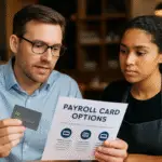 A restaurant manager discusses payroll card options with a staff member, holding a brochure and a card, in a cozy restaurant setting.