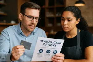 A restaurant manager discusses payroll card options with a staff member, holding a brochure and a card, in a cozy restaurant setting.