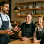 Restaurant team leader coaching staff in a modern kitchen environment.