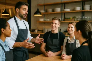 Restaurant team leader coaching staff in a modern kitchen environment.