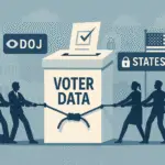 Illustration of a tug-of-war between the Department of Justice and U.S. states over access to voter data, symbolizing federal-state election policy tensions.