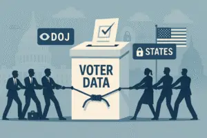 Illustration of a tug-of-war between the Department of Justice and U.S. states over access to voter data, symbolizing federal-state election policy tensions.