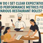 Flat-style digital illustration of restaurant staff including a server taking notes, a chef cooking, and a busser cleaning tables, with a large checklist in the background and the title 'How Do I Set Clear Expectations and Performance Metrics for Various Restaurant Roles?