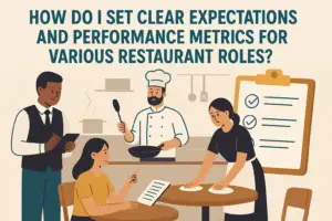 Flat-style digital illustration of restaurant staff including a server taking notes, a chef cooking, and a busser cleaning tables, with a large checklist in the background and the title 'How Do I Set Clear Expectations and Performance Metrics for Various Restaurant Roles?