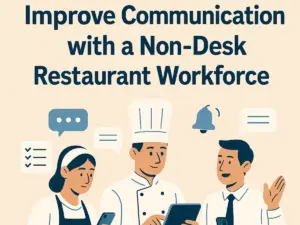 Illustration of restaurant staff using mobile devices to communicate, including a server, a chef, and a manager, under the headline "Improve Communication with a Non-Desk Restaurant Workforce.