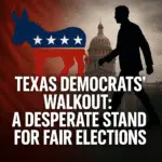 Political graphic showing a blue and red Democratic donkey with white stars, a silhouette of a person walking away, and the Texas State Capitol in the background, with bold white text reading ‘Texas Democrats’ Walkout: A Desperate Stand for Fair Elections.’