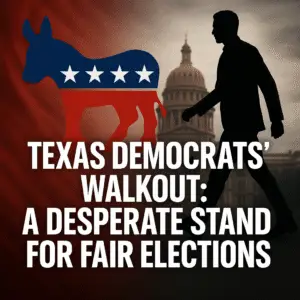 Political graphic showing a blue and red Democratic donkey with white stars, a silhouette of a person walking away, and the Texas State Capitol in the background, with bold white text reading ‘Texas Democrats’ Walkout: A Desperate Stand for Fair Elections.’