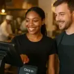 Two smiling restaurant employees clocking in using a digital touchscreen POS system in a warm, well-lit kitchen, representing accurate and efficient timekeeping methods for restaurant employees.