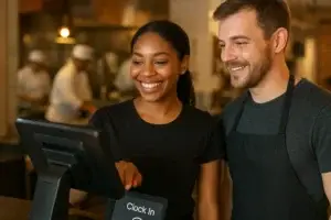 Two smiling restaurant employees clocking in using a digital touchscreen POS system in a warm, well-lit kitchen, representing accurate and efficient timekeeping methods for restaurant employees.