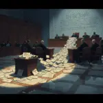 Supreme Court reviewing election law with overflowing mail-in ballots and legal documents symbolizing litigation floodgate.