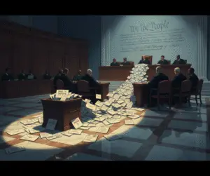 Supreme Court reviewing election law with overflowing mail-in ballots and legal documents symbolizing litigation floodgate.