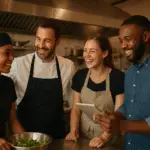 Small restaurant team collaborating in a warm kitchen representing how small restaurants attract and retain top talent beyond paychecks.