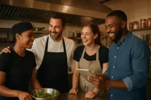 Small restaurant team collaborating in a warm kitchen representing how small restaurants attract and retain top talent beyond paychecks.