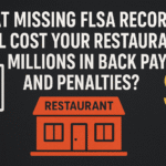 Illustration showing a restaurant, a checklist clipboard, and a dollar sign representing the financial risks of missing FLSA records and payroll documentation.