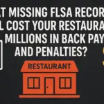 Illustration showing a restaurant, a checklist clipboard, and a dollar sign representing the financial risks of missing FLSA records and payroll documentation.