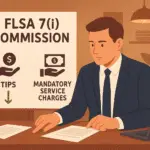 Restaurant payroll compliance illustration showing FLSA 7(i) commission comparison between tips and service charges.