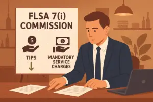 Restaurant payroll compliance illustration showing FLSA 7(i) commission comparison between tips and service charges.