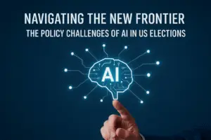 A realistic digital illustration showing a hand interacting with a glowing AI brain interface, symbolizing the policy and technological challenges of artificial intelligence in U.S. elections. The design features connected nodes, a dark blue background, and the title “Navigating the New Frontier: The Policy Challenges of AI in US Elections” displayed above the graphic.