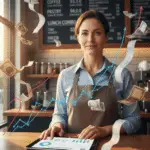 A small business owner stands behind a café counter surrounded by bills and receipts, using a laptop with analytics dashboards to manage rising costs and maintain profit margins.