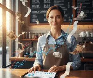 A small business owner stands behind a café counter surrounded by bills and receipts, using a laptop with analytics dashboards to manage rising costs and maintain profit margins.