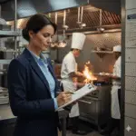 Restaurant owner reviewing labor law compliance checklist inside a professional kitchen – The Restaurant Owner’s Guide to Federal and State Labor Laws