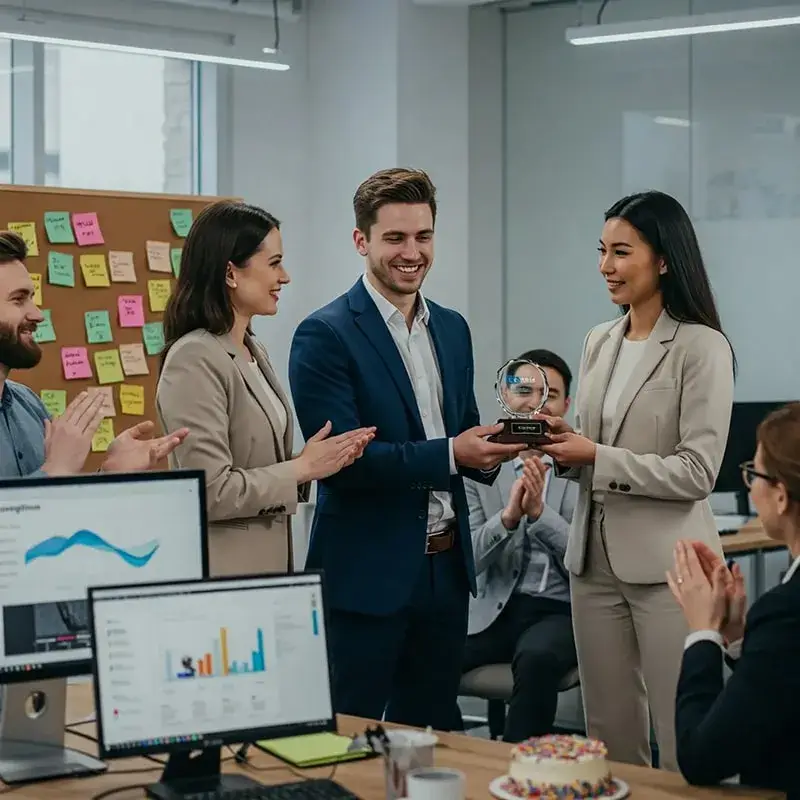 Business team celebrating and presenting an achievement award in office