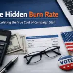 Minimalist desk scene showing a calculator, payroll summary document, U.S. dollar bills, and campaign finance elements, illustrating the true cost of campaign staff payroll and employer taxes.