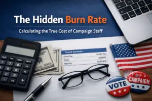 Minimalist desk scene showing a calculator, payroll summary document, U.S. dollar bills, and campaign finance elements, illustrating the true cost of campaign staff payroll and employer taxes.