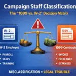 Campaign staff classification 1099 vs W-2 decision matrix for political payroll compliance