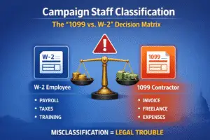 Campaign staff classification 1099 vs W-2 decision matrix for political payroll compliance