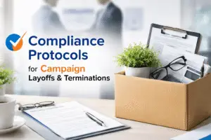 Campaign payroll compliance and employee termination process, showing final paycheck documents and offboarding materials for political campaign staff layoffs.