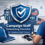 Campaign staff onboarding compliance concept showing a blue compliance shield with checkmark, IRS and FEC icons, onboarding forms, and a campaign staff member working on payroll documentation in a professional office setting, using AccuPay brand colors.