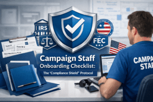 Campaign staff onboarding compliance concept showing a blue compliance shield with checkmark, IRS and FEC icons, onboarding forms, and a campaign staff member working on payroll documentation in a professional office setting, using AccuPay brand colors.