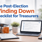 Post-election campaign finance desk with a checklist on a laptop, calculator, documents, and U.S. flag, representing the process of winding down and closing a political campaign after the election.