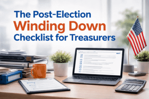 Post-election campaign finance desk with a checklist on a laptop, calculator, documents, and U.S. flag, representing the process of winding down and closing a political campaign after the election.