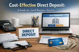 Small business payroll team reviewing cost-effective direct deposit options including ACH transfers and payroll cards for employee payment processing
