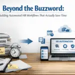 HR professionals using automated workflow software to manage employee onboarding, payroll processing, compliance tracking, and digital HR administration in a modern office setting