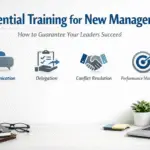 New manager leading a team meeting while reviewing employee performance and leadership training materials in a modern office environment