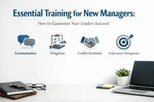 New manager leading a team meeting while reviewing employee performance and leadership training materials in a modern office environment