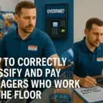 Manager working on retail floor while reviewing payroll documents about exempt vs non-exempt classification under FLSA overtime rules